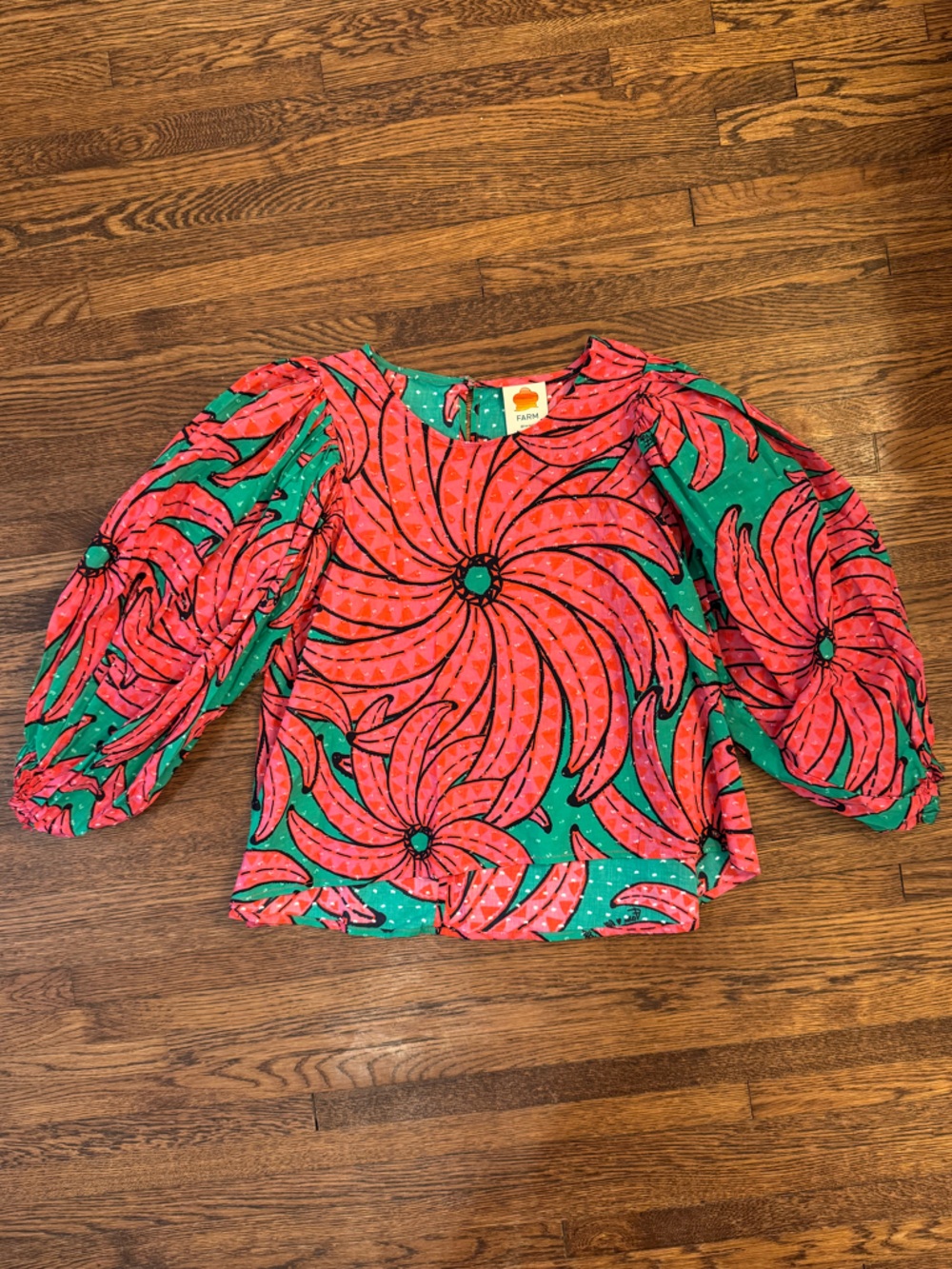 FARM Rio Pink & Green Floral Banana Pitta Puff Sleeve Blouse Size Small - Picture 3 of 7